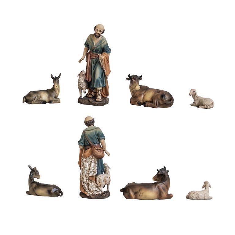 Misterio Nacimiento de 10 Piezas Clasico con Reyes, Angel, Pastor y Animales de Resina Pintado a Mano 23 cm Alto