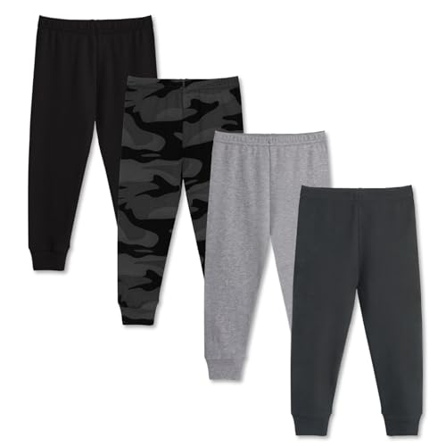 GLASH Kids Boys Cotton Pants 4 Pack 5T Toddler Sweatpants Black/Camo/Heather Grey/Iron Grey