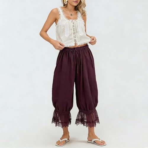 Image of KOSUSANILL Women Long Bloomer Pants Lace Trim Ruffle Pantaloons Cropped Lounge Pajama Bottoms Y2K Capri Pettipants