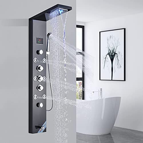 Fuz Contemporary Shower Panel Tower System Stainless Steel 6-Function Faucet Led Rainfall Waterfall Shower Head + Handheld Sprayer + Rain Massage Body Jets + Tub Spout, Black. #TOP1