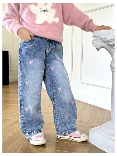 WDIRARA Girls' Heart Print Baggy Jeans High Rise Elastic Waisted Loose Denim Long Pants4