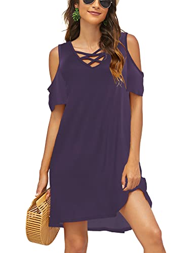 Image of Bluetime Women Cold Shoulder Summer Dress Short Sleeve Beach Casual Loose Swing Dress