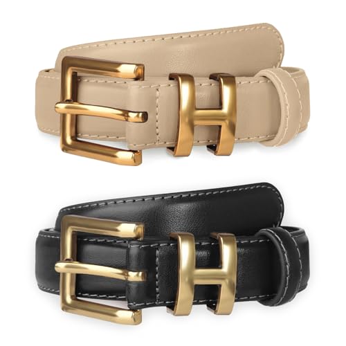 Image of Aurolran Women's Fashion Classic Metal Buckle Leather Belt with Jeans Dress