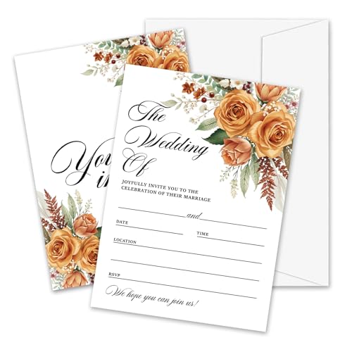 Kqfdr Boho Pampas Grass Wedding Invitations, 5"x 7" Autumn Wildflower Wedding Invites Card With Envelopes, 25 PCS for Party Decorations and Supplies - A06