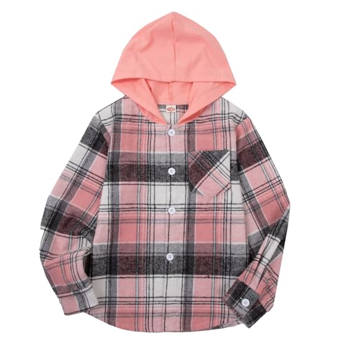 Image of Boys Girls Flannel Shirts Plaid Hoodies Fall Fashion Button Down Shirts | Long Sleeve Shirts Hooded Lightweight Jacket, Perfect for School Mornings, Leaf Piles,Camping, Bonfires, Weekend Adventures