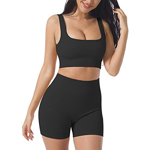 Women's Workout Outfits Yoga Set 2 Piece Seamless Ribbed Sports Bra Top + Tight Shorts Gym Suit Activewear Sets Tracksuits Sets Black S