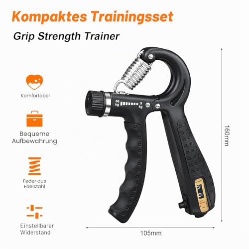 GRIFEMA Handtrainer, Unterarmtrainer mit Integrierter Zählfunktion, Einstellbarer Widerstand 5-60kg, Grip Griffkraft Trainer, Unterarm Trainingsgerät, Rutschfester Griff, Schwarz