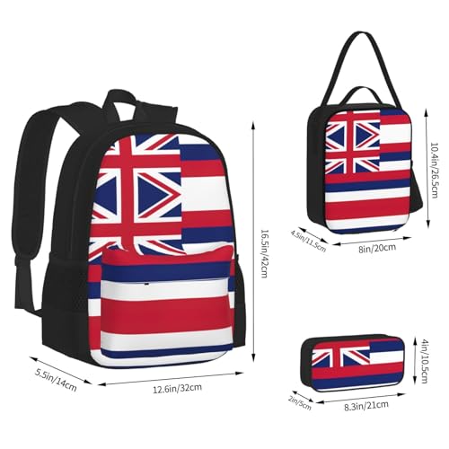 nanger Hawaii Flag Print 3-Piece Set Backpack, Lunch Bag And Pencil Case, For Travel, College, And Daily Use4