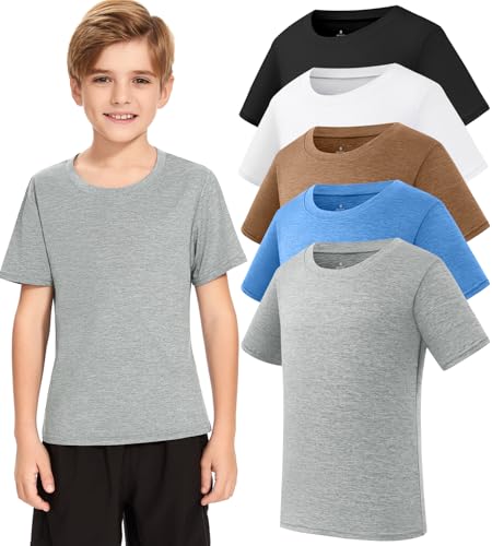 Xelky Boys Short Sleeve Shirts Youth Moisture Wicking Athletic T-Shirts for Teens Kids Tee Active Performance Tops 5 Pack