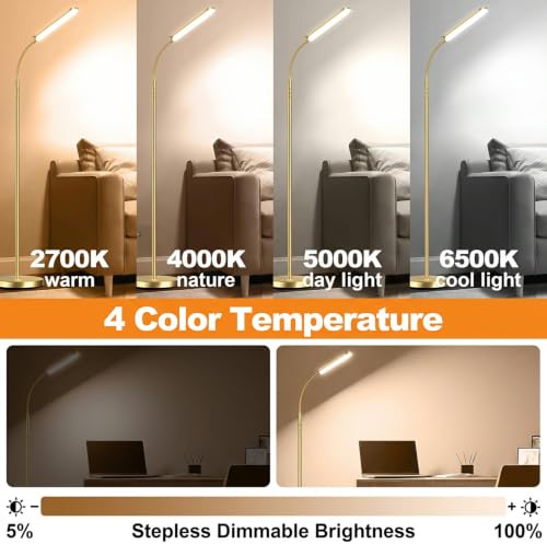 Image of marctronic Gold Polished Floor Lamp, 18W 1800LM LED, Luxury Decor Style & Stepless Dimming, Eye-Caring Timing Reading Lamp for Bedroom /Living Room