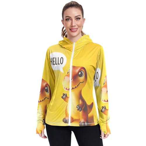 Cute Dino Saying “hello” Yellow Sun Protection Jacket Upf 50+, Long Sleeve Zip up Outdoor Hoodie
