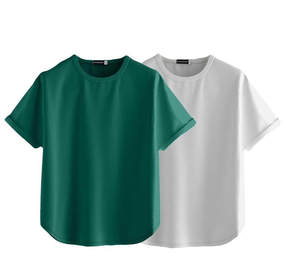 Image of JUNEBERRY Pure 100% Cotton Oversized Loose Baggy Fit Round Neck with Drop Shoulder Half Sleeves Boyfriend T-Shirt Combo for Women & Girls (Pack of 2)