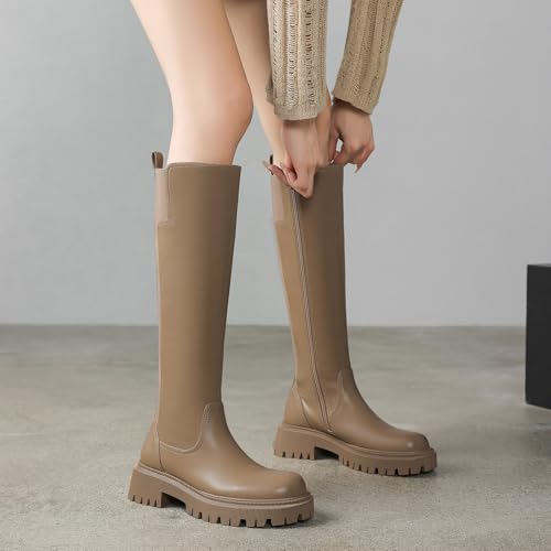Image of TEAIEU Knee High Boots for Women, Platform Chunky Block Low Heel Tall Boots, Round Toe Side Zipper Fall Long Boots for Dress, Stretch Calf, Comfortable