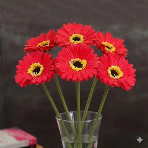 Image of Artificial Gerbera Flower Sticks (Pack of 5) for Home Decor | Realistic Faux Flowers for Vases | Wedding, Office, Living Room & Party Decoration | Long-Lasting, Washable & Reusable (Red)
