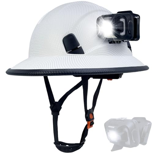 SAFEBUILDER Full Brim Hard Hats with Headlight Safety Helmet Lightweight Adjustable Vented 6 Point Suspension Construction Outdoor Work ANSI Approved (Matte CG White-LRHL01 Lamp)