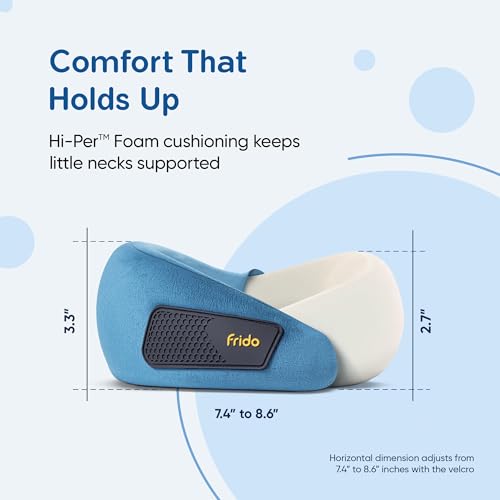 Image of Frido Kids Memory Foam Travel Neck Pillow with Travel Pouch | 360 Chin & Neck Support for Comfortable Sleep | Adjustable Velcro Straps | Ideal for Car, Flight & Road Trips | Sapphire Blue