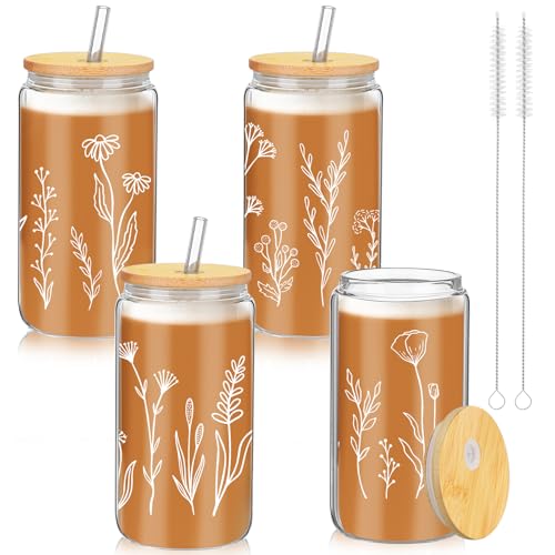 Zubebe 4 Pcs Wildflower Glass Cups with Lids and Straws