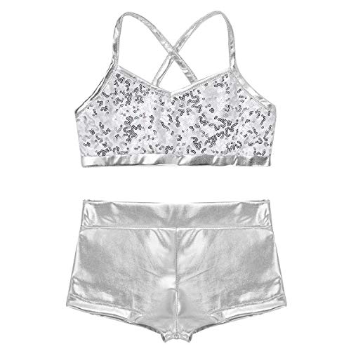 Image of easyforever Kids Girls 2PCS Shiny Mermaid Scales Ballet Dance Outfit Crop Top with Short Tankini Swimsuit