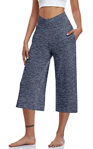 Image of TARSE Womens Casual Wide Leg Yoga Capris Crossover High Waist Capri Pants Loose Soft Pajama Pockets Sweatpants