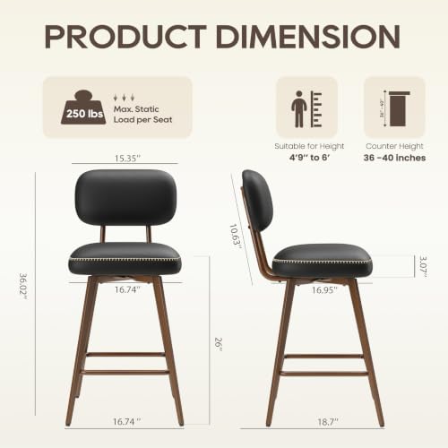 Image of MALOL 26 inch Swivel Bar Stools Set of 3, Mid Century PU Leather Counter Height Bar Chairs with Low Back and Metal Legs, Modern Bar Stool Chair for Kitchen Island, Black