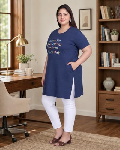 Image of In Love Women Cotton Regular Fit Plus Size Long-Line Chest Print T-Shirt with Pocket