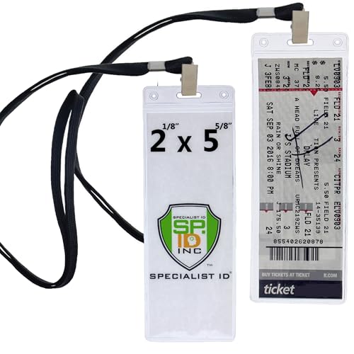 5 Pack - Ticket Stub Holder Display Sleeves with Lanyards - 2 ⅛ X 5 ⅝ Inch TICKETMASTER Compatible - Clear Flexible Vinyl Plastic Holder Pouch for Concerts & Sports by Specialist ID