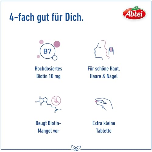 Abtei Biotin 10mg Forte - hochdosiertes Biotin - für schöne Haut, Haare und Nägel - zur Vorbeugung von Biotinmangel - laborgeprüft - 30 Tabletten