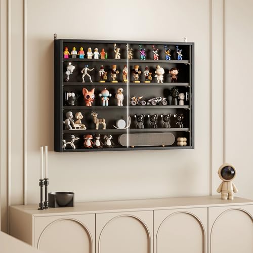 Miniatura 8 de Homcom Vitrina Expositora Vitrina De Pared Con Estantes Ajustables Y 2 Puertas Correderas De Vidrio Para Colecciones Perfumes Figuras De Decoración 80x9,5x60 Cm Negro