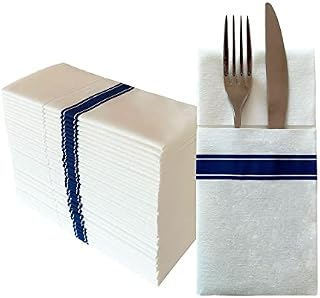 JEBBLAS Disposable Linen Feel Napkins, Built-in Flatware Pocket, Decorative Wedding Napkins with Rose Print, Folded Cloth Like Party Napkin, Soft, Strong, Absorbent, and Pre-Folded, 50 Pack Blue.
