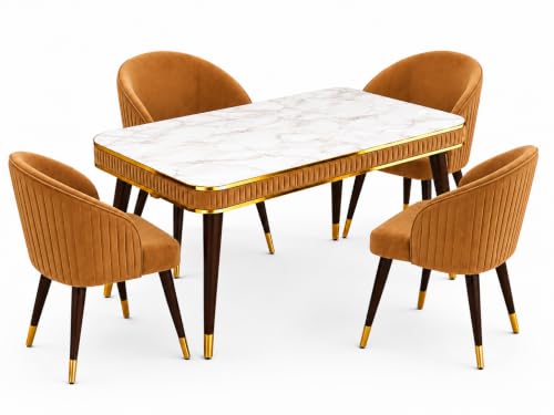Image of WOODEN SPACE Majestic 4 Seater Wooden Dining Table Set | Urban Marble Top Dining Table with Chairs for Dining Room & Kitchen (Majestic Classic Backline Mustard) (54 x 36 x 30 inch)
