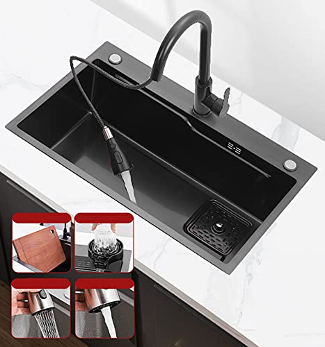 Küchenspüle 304 Edelstahl Nano Spülbecken Schwarz mit Armatur Wasserfallspüle Hausspüle Gemüsebecken Einzelspüle Arbeitsplatz-Küchenspüle mit ausziehbarem Wasserhahn, unter Druck stehender Becherspüle Cover