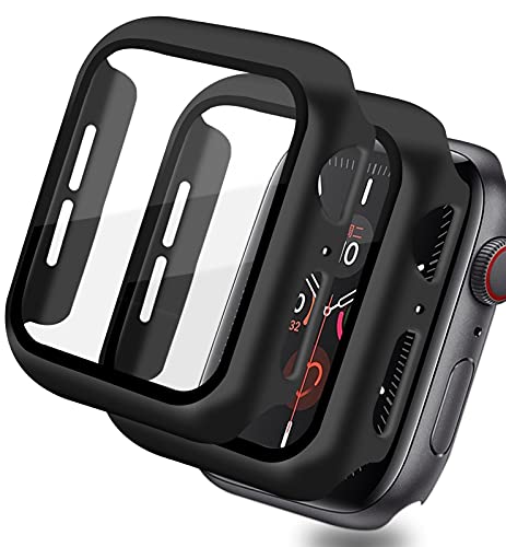 Pocoukate Lot de 2 coques de protection en verre blindé pour Apple Watch Series 4 5 6 SE 44 mm - Protection complète anti-rayures pour iWatch 44 mm - Noir Cover