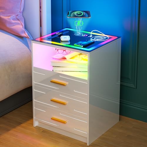 Lvifur LED Nightstand with Wireless Charging Station,3 Color Dimmable Auto Sensor Night Stand for Bedroom Furniture,Touch Screen Bedside Table with USB&Type-C Ports and 3 Drawers