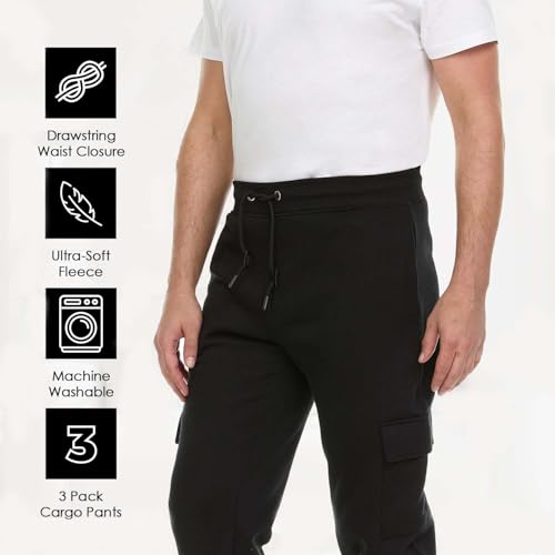 3 Pack: Men's Fleece Cargo Jogger Active Athletic Sweatpants with Pockets4