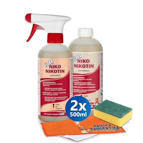 NIKO Nikotin Ultra Profi-Entferner verbesserte Rezeptur 2x500ml mit Reinigungstuch & Schwamm gegen Nikotin & Vergilbung