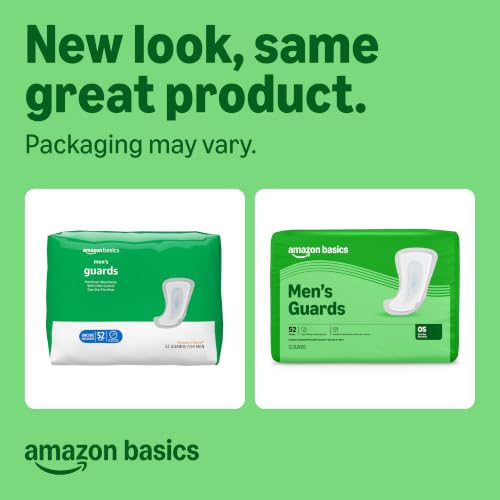 Image of Amazon Basics Men's Incontinence Guards, Maximum Absorbency, 52 Count, (1 Pack of 52), Packaging May Vary