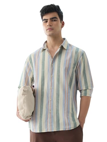Image of The Souled Store Cotton Linen Stripes: Apricot Men and Boys Long Sleeves Collared Neck Orange Stripes Regular Fit Lightweight Comfortable Summer Cotton Linen Shirts