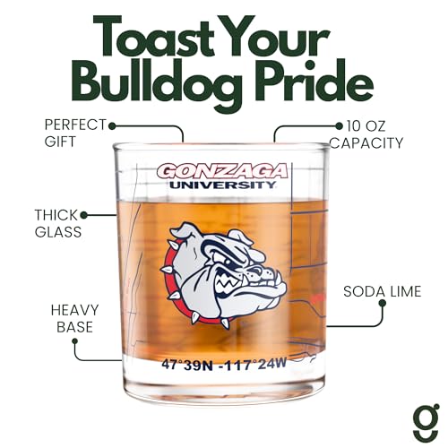Image of Greenline Goods University of Gonzaga Bulldogs Whiskey Glasses Set of 2, 10 oz Rocks Glasses with Full-Color Logo & Campus Map - Officially Licensed Bourbon Glass Gift for Alumni & Fans