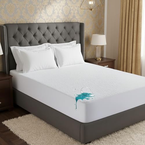 House 22 100% Waterproof Mattress Protector King Size Terry Toweling - Stretchable Deep Pocket Skirt (30cm) – Breathable & Anti-Allergy Premium Terry Towel Mattress Cover (150x200cm)