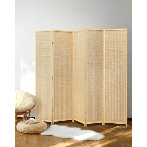 JOSTYLE Room Divider Folding Privacy Screen, 5 Panel Room Dividers 6 ft. Tall Bamboo Partition Wall Separation Dividers Freestanding, Beige Cover
