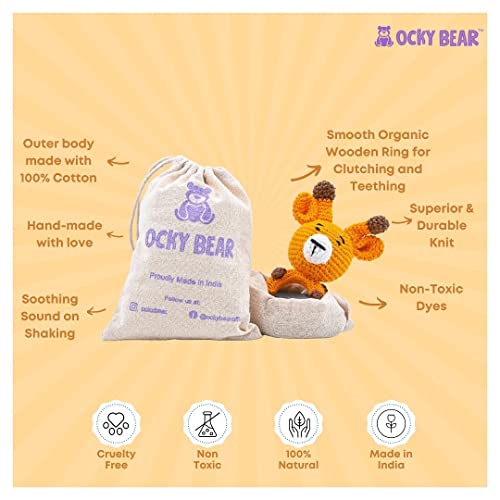 Image of Crochet Rattle Toy (0+ Years) | Shaker Toy | Explore Soothing Sounds & Textures | Smooth Organic Wooden Key | Soft Toy for Newborn, Infants and Toddlers (Spotty: Giraffe Wooden Rattle)