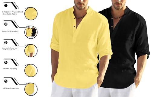 Image of FINIVO FASHION Men's Cotton Blend Solid Full Sleeve Combo Short Kurta Shirt, Regular Fit Solid Pattern Mandarin Collar Straight Kurta Shirt