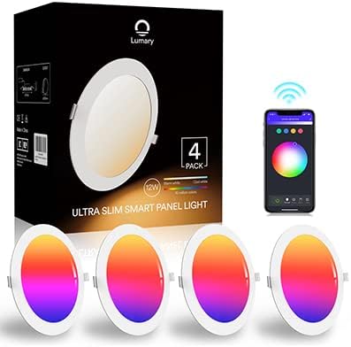 Lumary 12W LED Recessed Downlights Ceiling, Smart WiFi Slim Round Ceiling Light, 1000LM RGBW 2700K-6500K Dimmable, Compatible with Alexa, Google for Bedroom Living Room Kitchen, 17 x 2 cm, 4 Pack