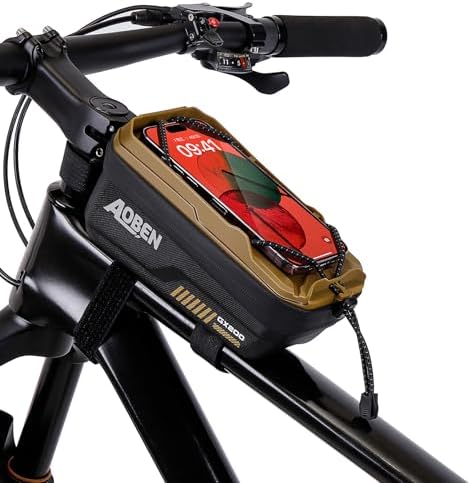 Aoben Bike Bicycle Phone Front Frame Bag for Mountain Bike Road Bike, EVA Hard Casing Bike Phone Holder Bike Phone Mount for MTB, Bike Bicycle Accessories for Cell Phone Under 6.8 Inches (Tan)