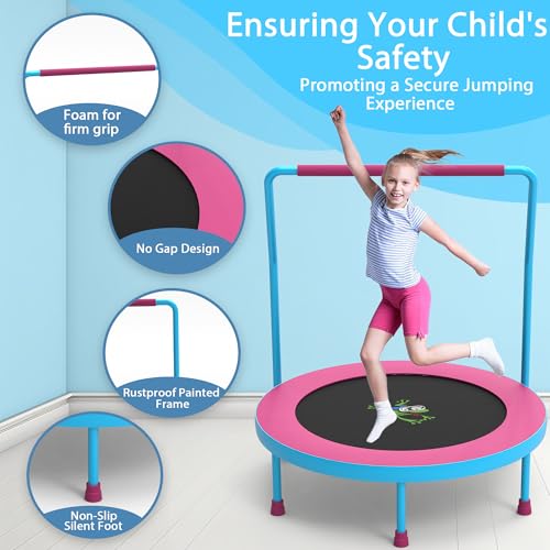 3FT Foldable Kids Trampoline, 36'' Indoor & Outdoor Mini Trampoline for Toddlers, Max Capacity 220 LBS, Adjustable Handlebar, Quiet & Safe Design