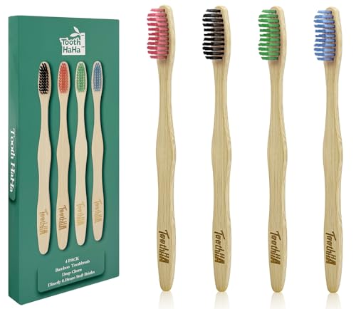 Tooth HaHa Bamboo Toothbrushes, Medium Bristles BPA-Free Bristles Toothbrushes for Adults - Eco-Friendly, Natural Wooden Toothbrush 4 Pack