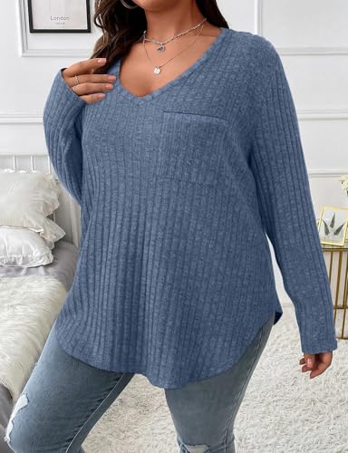 Image of Koscacy Women Plus Size Casual Knit Sweater with Pocket V Neck Solid Color Tops Lightweight Long Sleeve Blouses