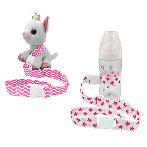 Lot de 2 pièces Attache Jouet, Doudou, Gourde pour Bébé ou Enfant | Poussette, Siège Voiture, Chaise Haute, Chariot | Accroche Sangle Anti Chute Ajustable | Chaîne Clip | 0 à 3 ans (Rose tendre)