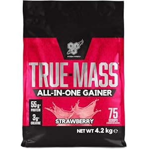 BSN True Mass All-In-One Gainer Protein and Carbohydrate Powder with Creatine, Glutamine, Vitamin D and Zinc, Muscle Gain and Recovery Workout Powder, Strawberry Flavour, 25 Servings, 4.2 kg