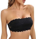 Cavotor Lace Strapless Bra for Women Wireless Bandeau Bra Seamless Padded Bralette Tube Top Sexy Stretchy Comfortable Bras with Clear Invisible Straps (Black,S)